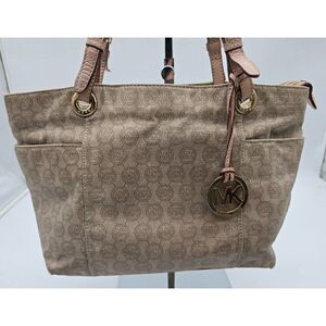 Michael Kors Beige Monogram Canvas Tote Bag With Gold Hardware & Pink Leather St